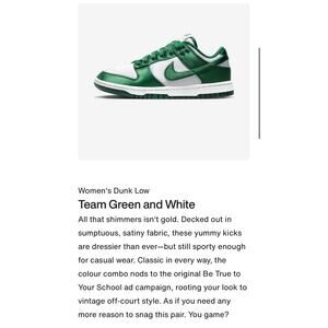 NIKE- Dunk Low Varsity Satin Green and White - US 7